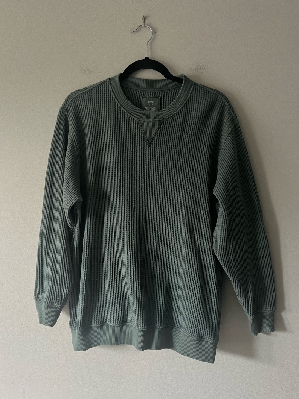 Aerie Waffle Knit Crewneck Sweatshirt Green Gray Cotton Blend Size S
